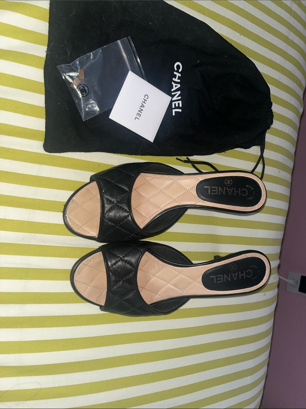 CHANEL Black Quilted Leather heels Mules with Nude Footbed